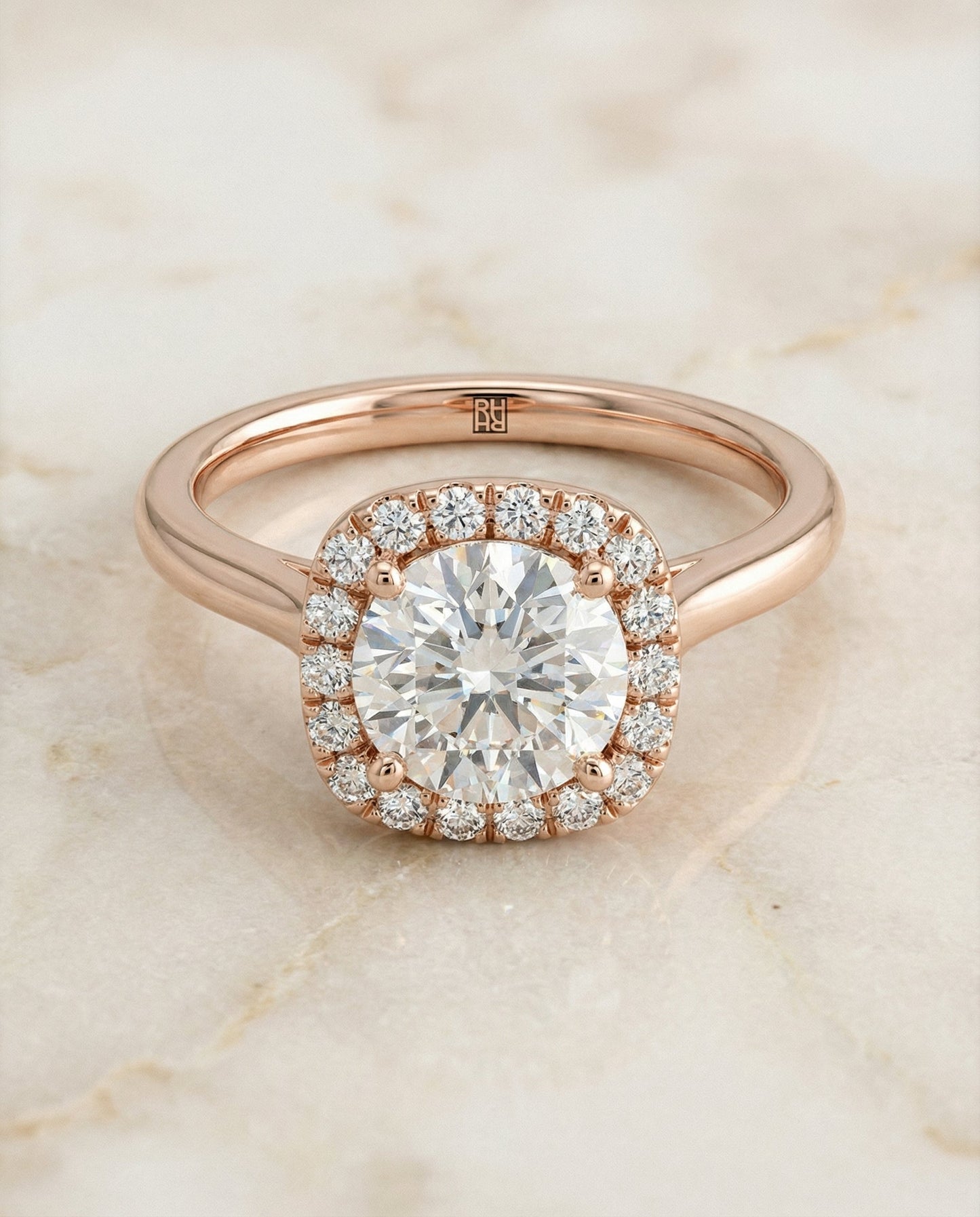 Round Brilliant, Classic Prong Diamond Halo, in 14K Rose Gold, pave setting – angled view | RockHer