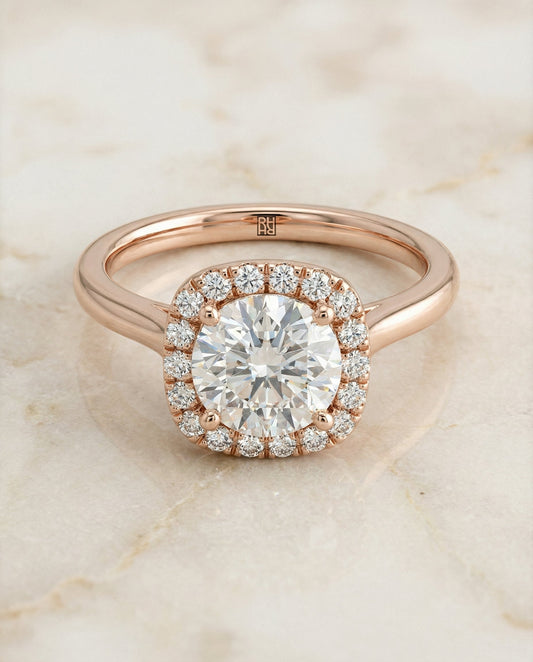 Round Brilliant, Classic Prong Diamond Halo, in 14K Rose Gold, pave setting – angled view | RockHer