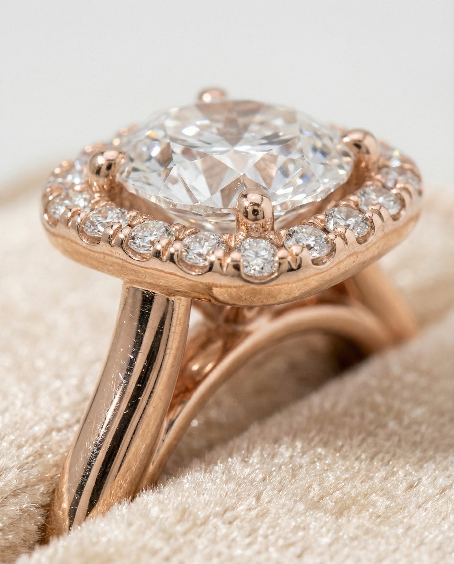 Round Brilliant, Classic Prong Diamond Halo, in 14K Rose Gold, pave setting – detail view | RockHer