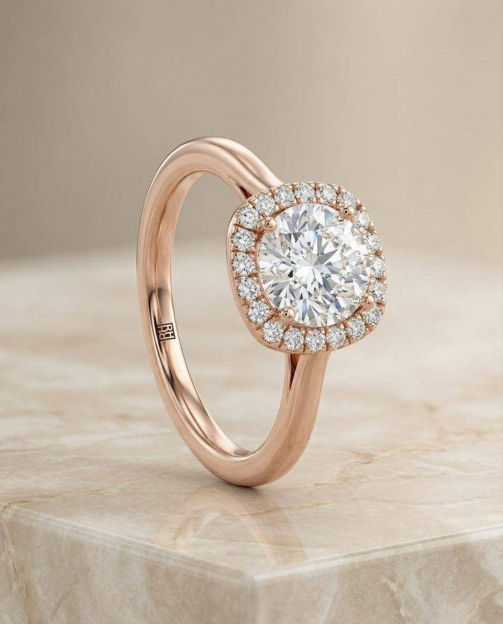 Round Brilliant, Classic Prong Diamond Halo, in 14K Rose Gold, pave setting – front view | RockHer