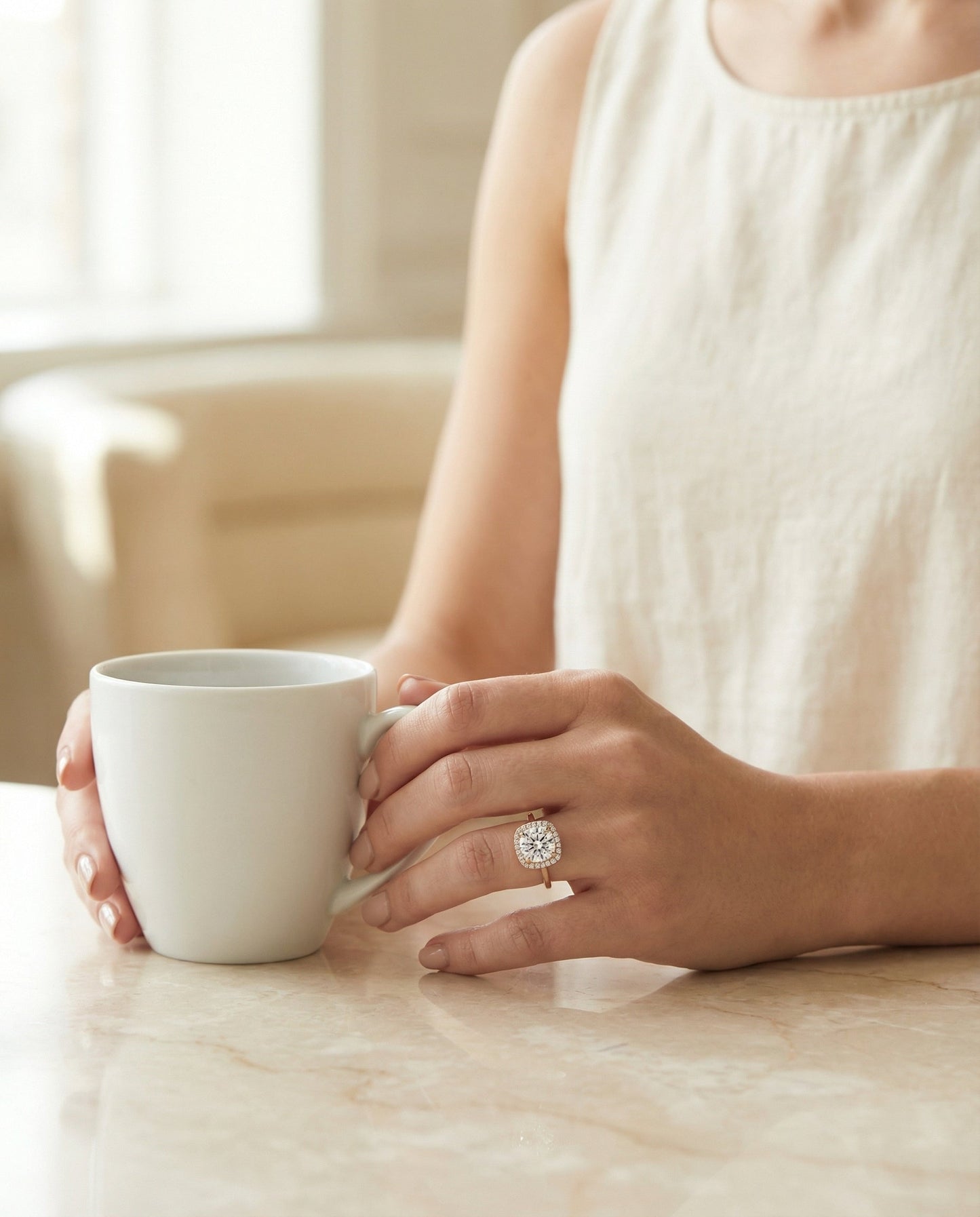 Round Brilliant, Classic Prong Diamond Halo, in 14K Rose Gold, pave setting – lifestyle shot | RockHer