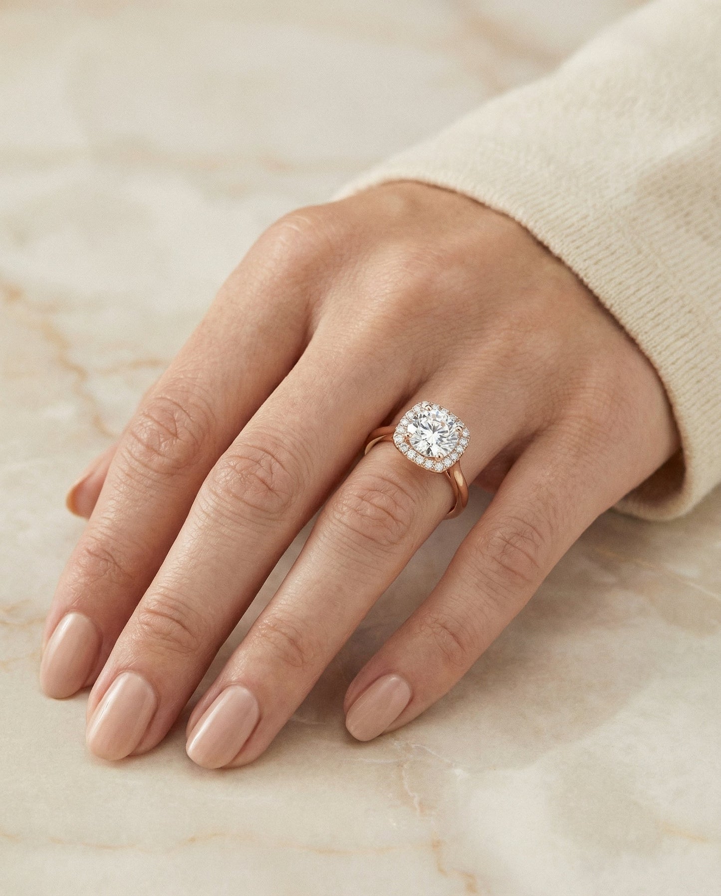 Round Brilliant, Classic Prong Diamond Halo, in 14K Rose Gold, pave setting – lifestyle shot | RockHer