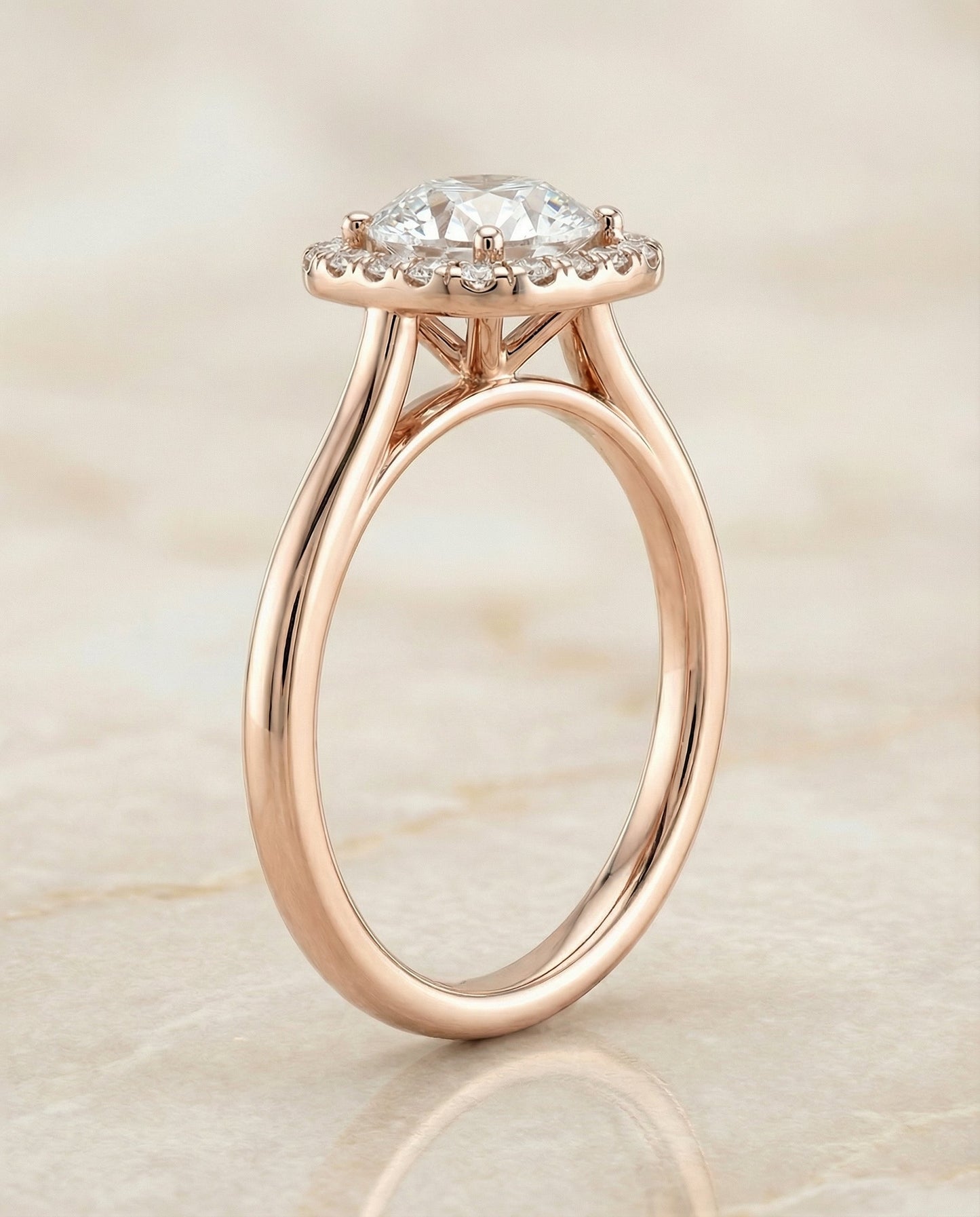 Round Brilliant, Classic Prong Diamond Halo, in 14K Rose Gold, pave setting – side profile | RockHer