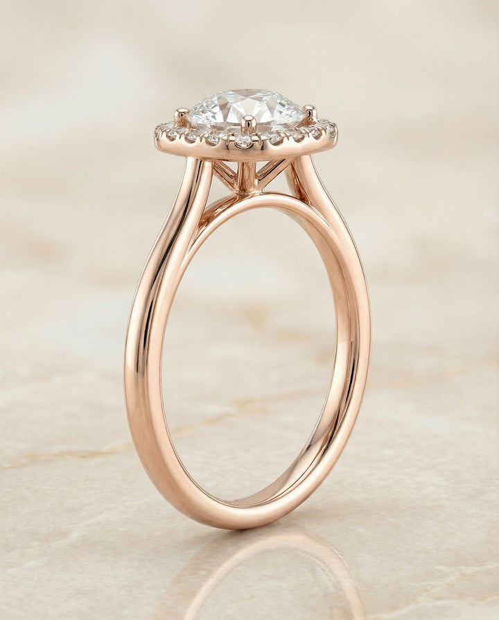 Round Brilliant, Classic Prong Diamond Halo, in 14K Rose Gold, pave setting – side profile | RockHer