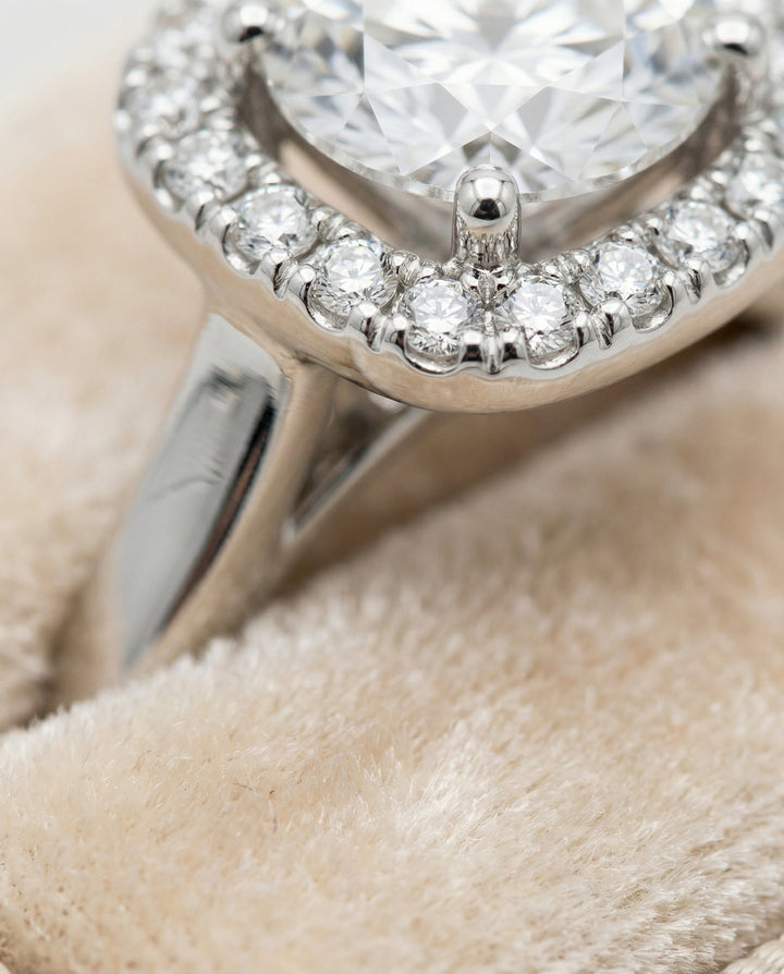 Round Brilliant, Classic Prong Diamond Halo, in Platinum, pave setting – detail view | RockHer