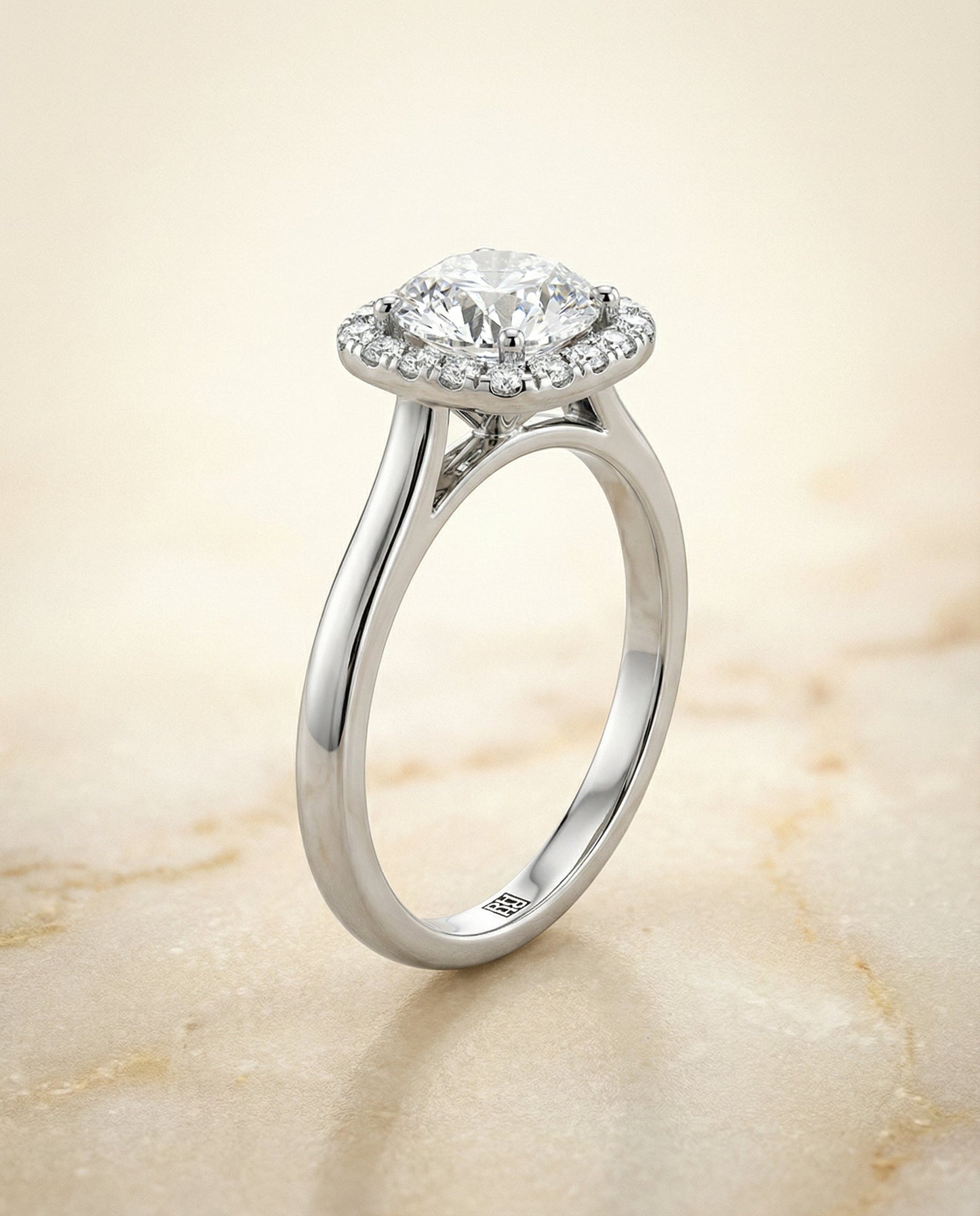 Round Brilliant, Classic Prong Diamond Halo, in Platinum, pave setting – front view | RockHer