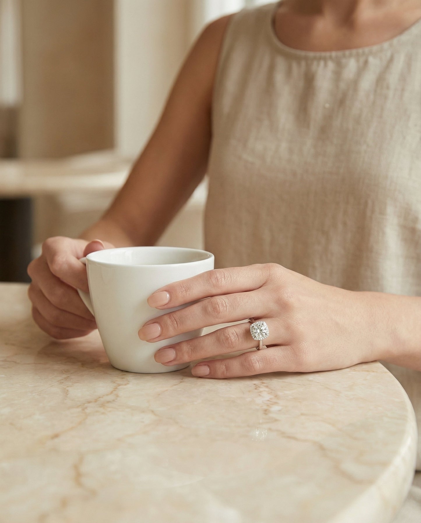 Round Brilliant, Classic Prong Diamond Halo, in Platinum, pave setting – lifestyle shot | RockHer