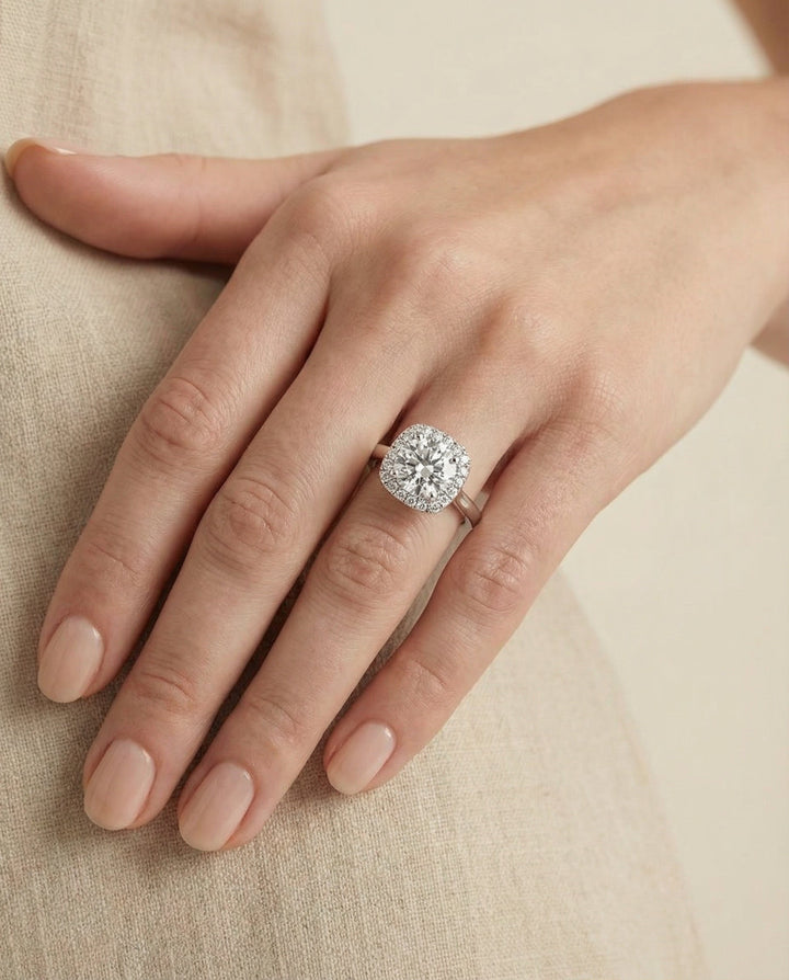 Round Brilliant, Classic Prong Diamond Halo, in Platinum, pave setting – lifestyle shot | RockHer