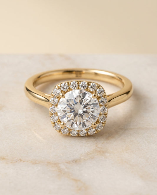 Round Brilliant, Classic Prong Diamond Halo, in 18K Yellow Gold, pave setting – angled view | RockHer