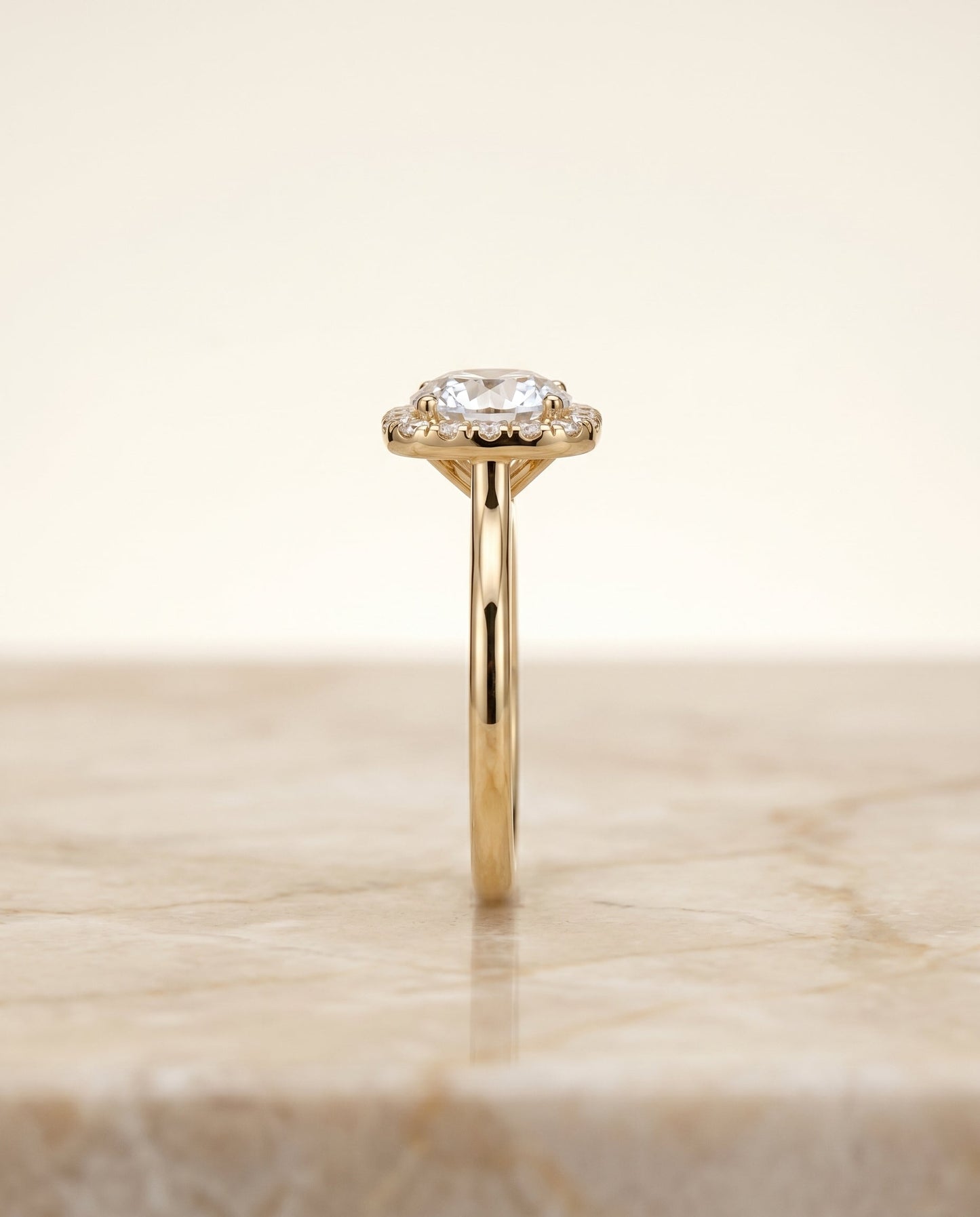 Round Brilliant, Classic Prong Diamond Halo, in 18K Yellow Gold, pave setting – side profile | RockHer