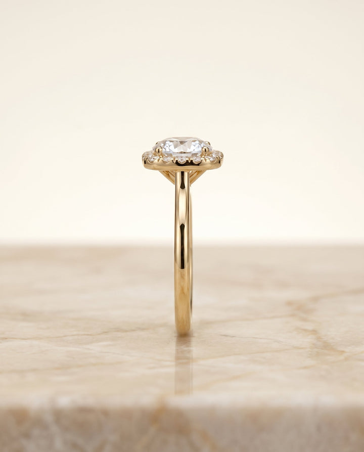 Round Brilliant, Classic Prong Diamond Halo, in 18K Yellow Gold, pave setting – side profile | RockHer