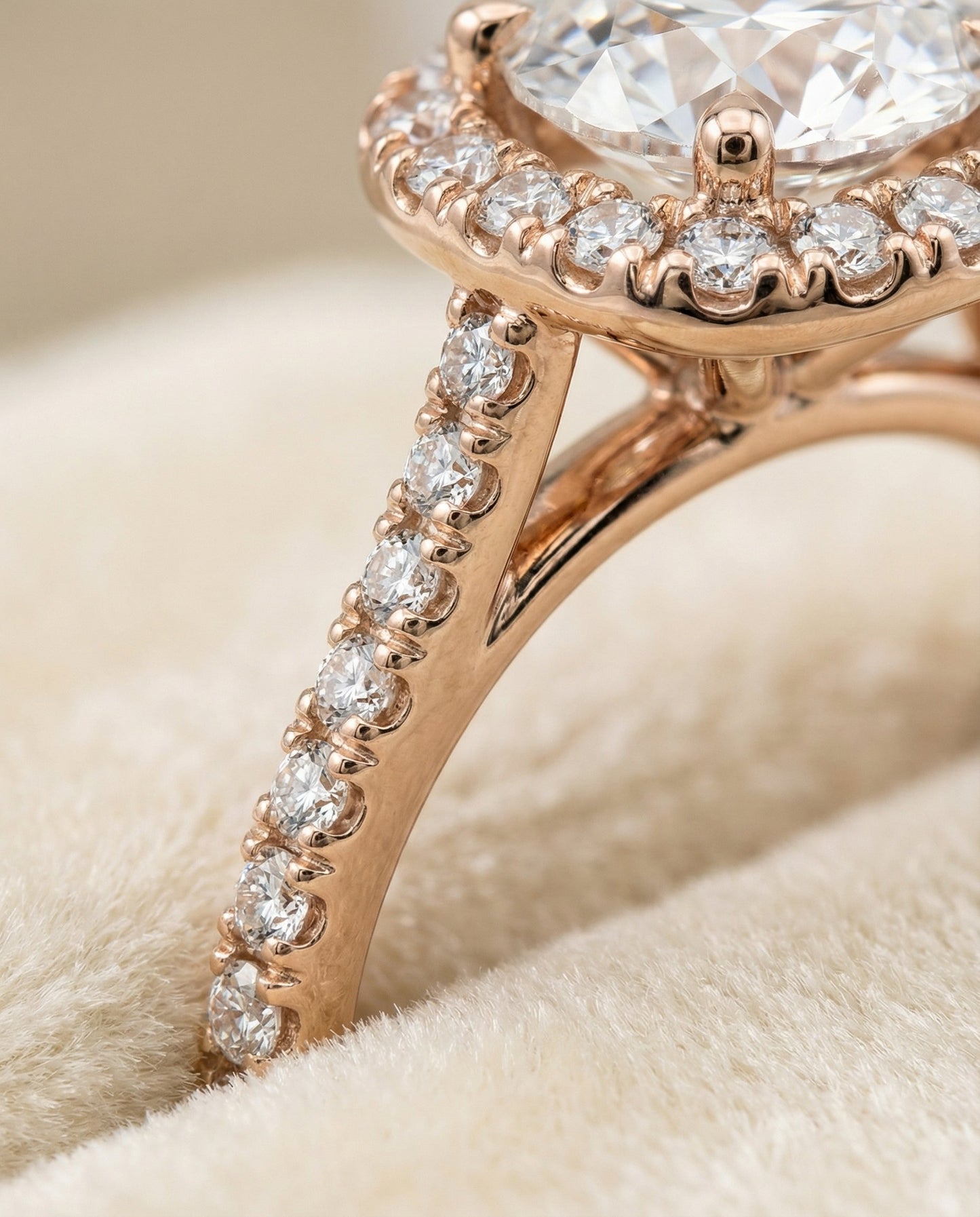 Round Brilliant, Classic Prong Halo, in 14K Rose Gold, pave setting – detail view | RockHer
