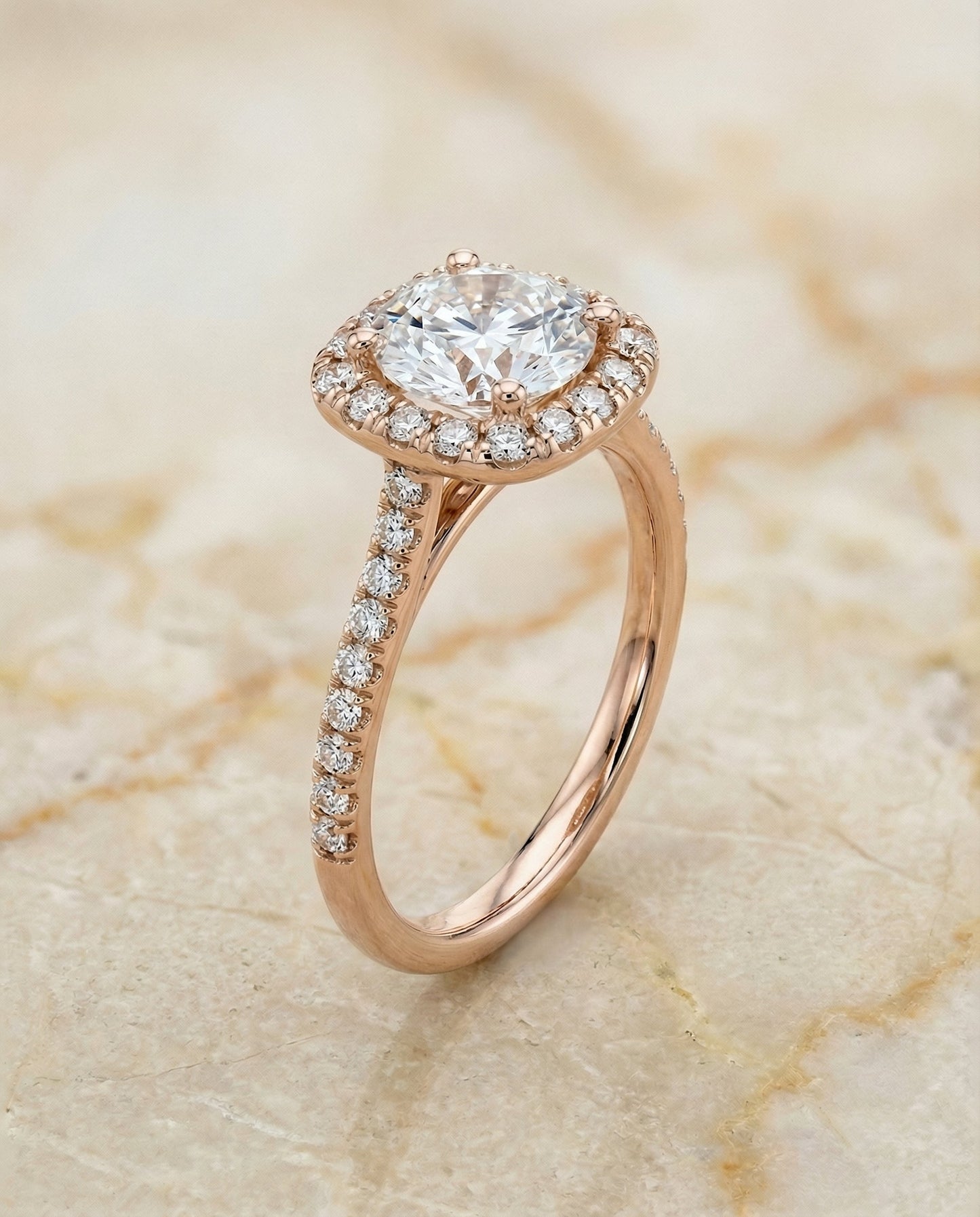 Round Brilliant, Classic Prong Halo, in 14K Rose Gold, pave setting – front view | RockHer