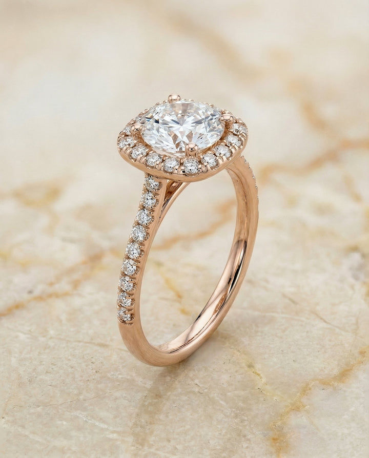 Round Brilliant, Classic Prong Halo, in 14K Rose Gold, pave setting – front view | RockHer