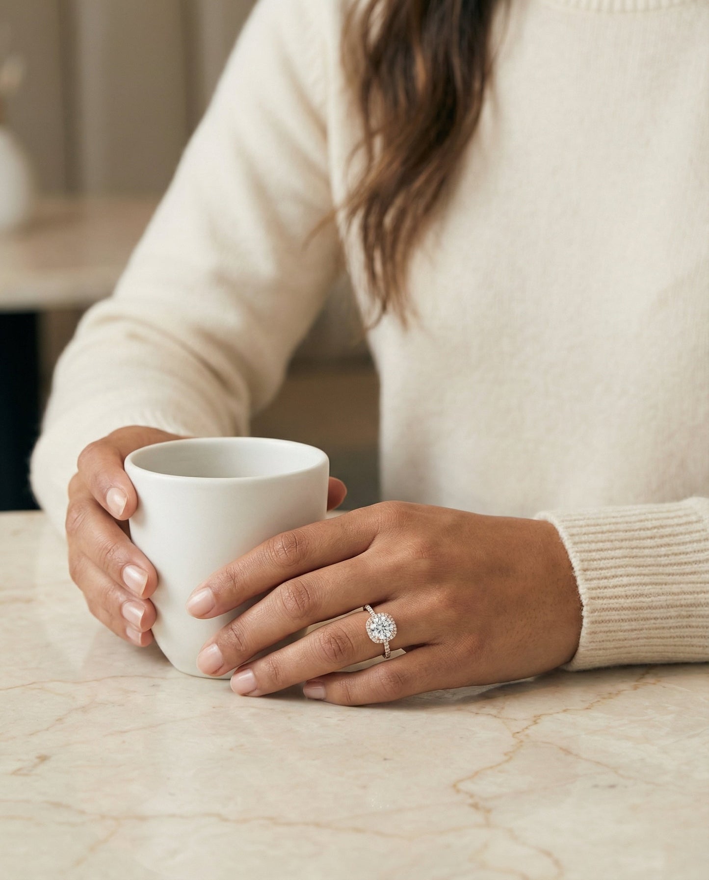 Round Brilliant, Classic Prong Halo, in 14K Rose Gold, pave setting – lifestyle shot | RockHer