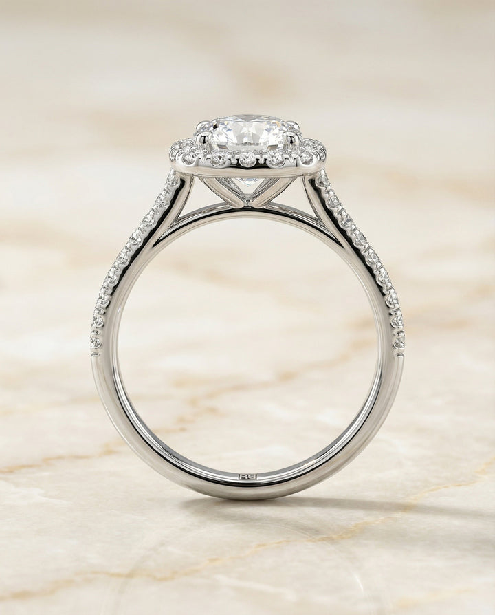 Round Brilliant, Classic Prong Halo, in Platinum, pave setting – side profile | RockHer