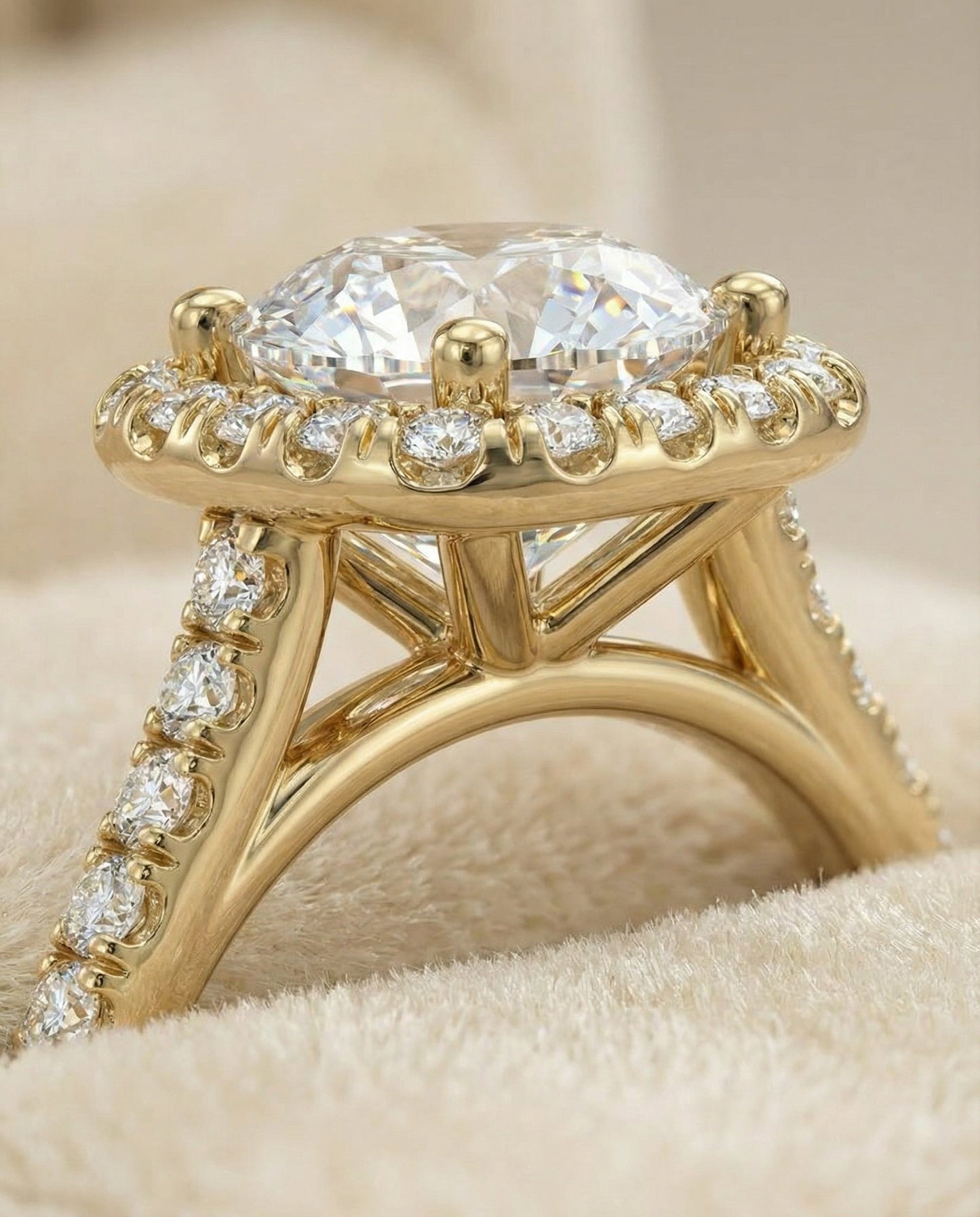 Round Brilliant, Classic Prong Halo, in 18K Yellow Gold, pave setting – detail view | RockHer