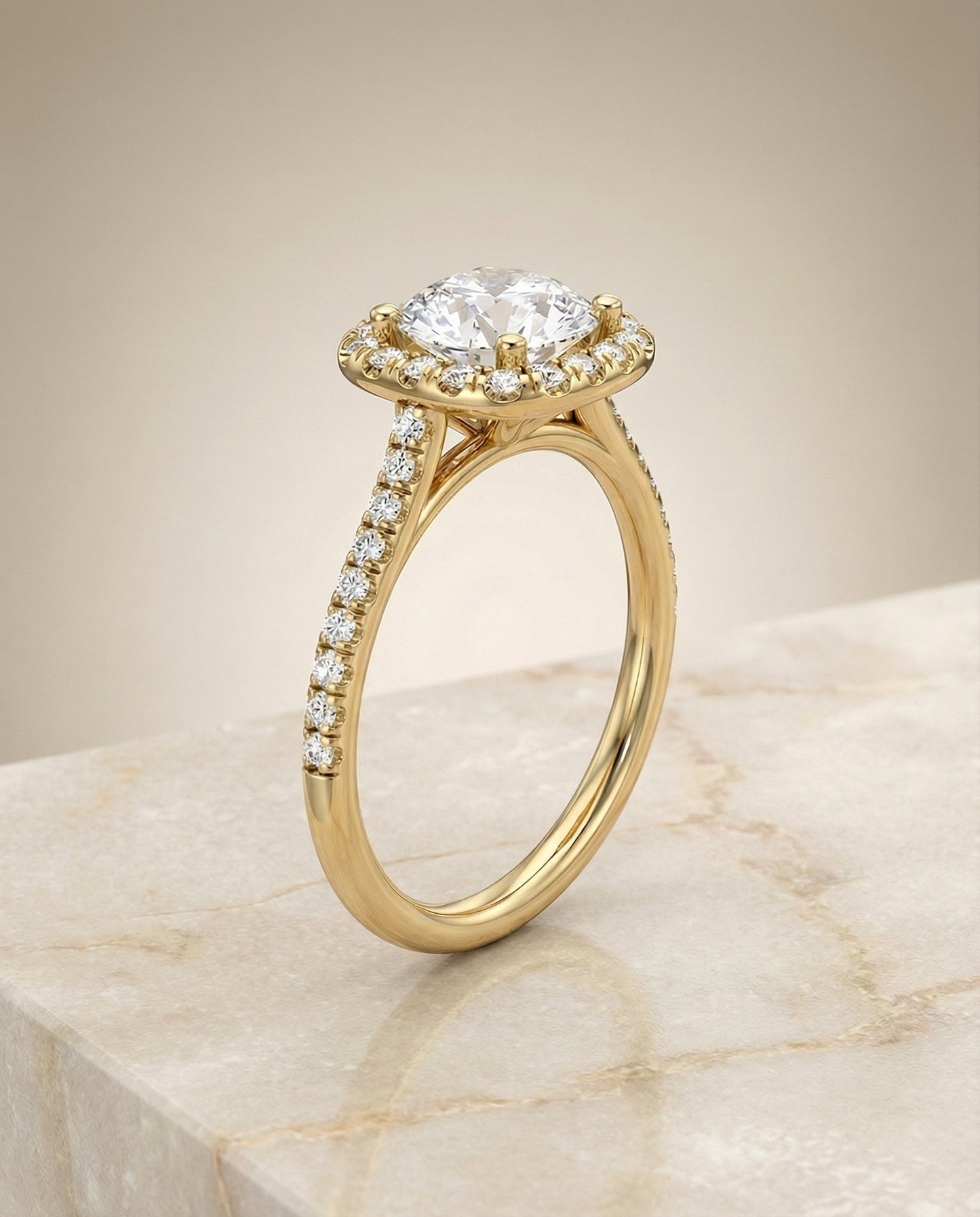 Round Brilliant, Classic Prong Halo, in 18K Yellow Gold, pave setting – front view | RockHer