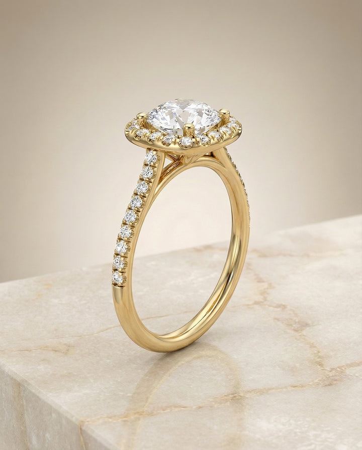 Round Brilliant, Classic Prong Halo, in 18K Yellow Gold, pave setting – front view | RockHer