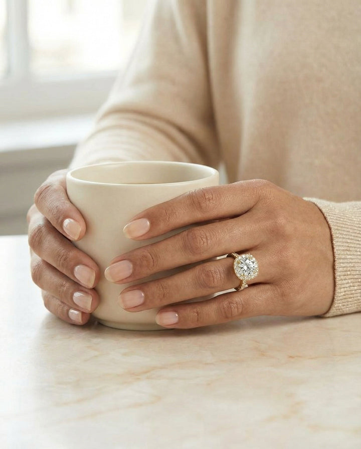 Round Brilliant, Classic Prong Halo, in 18K Yellow Gold, pave setting – lifestyle shot | RockHer
