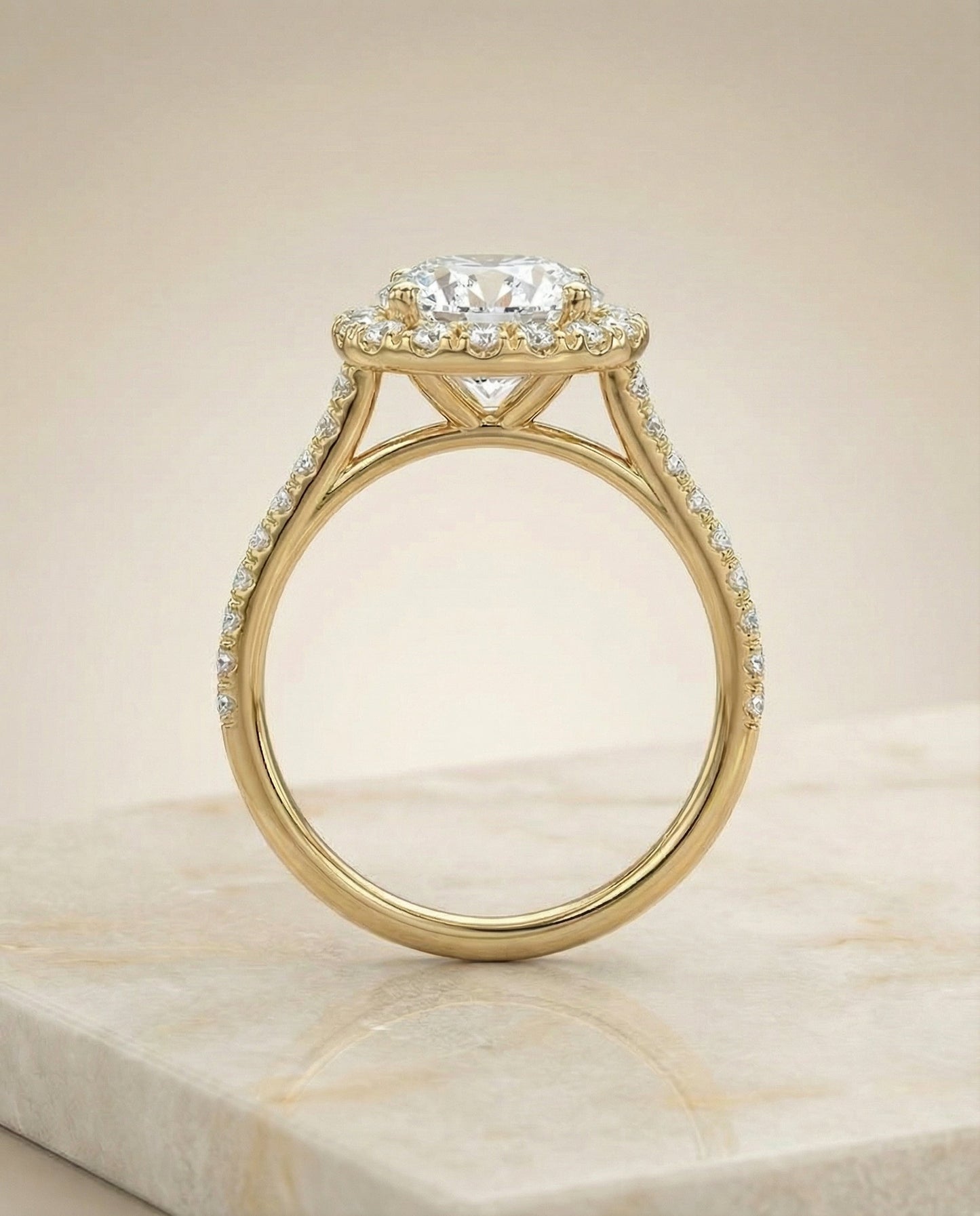 Round Brilliant, Classic Prong Halo, in 18K Yellow Gold, pave setting – side profile | RockHer
