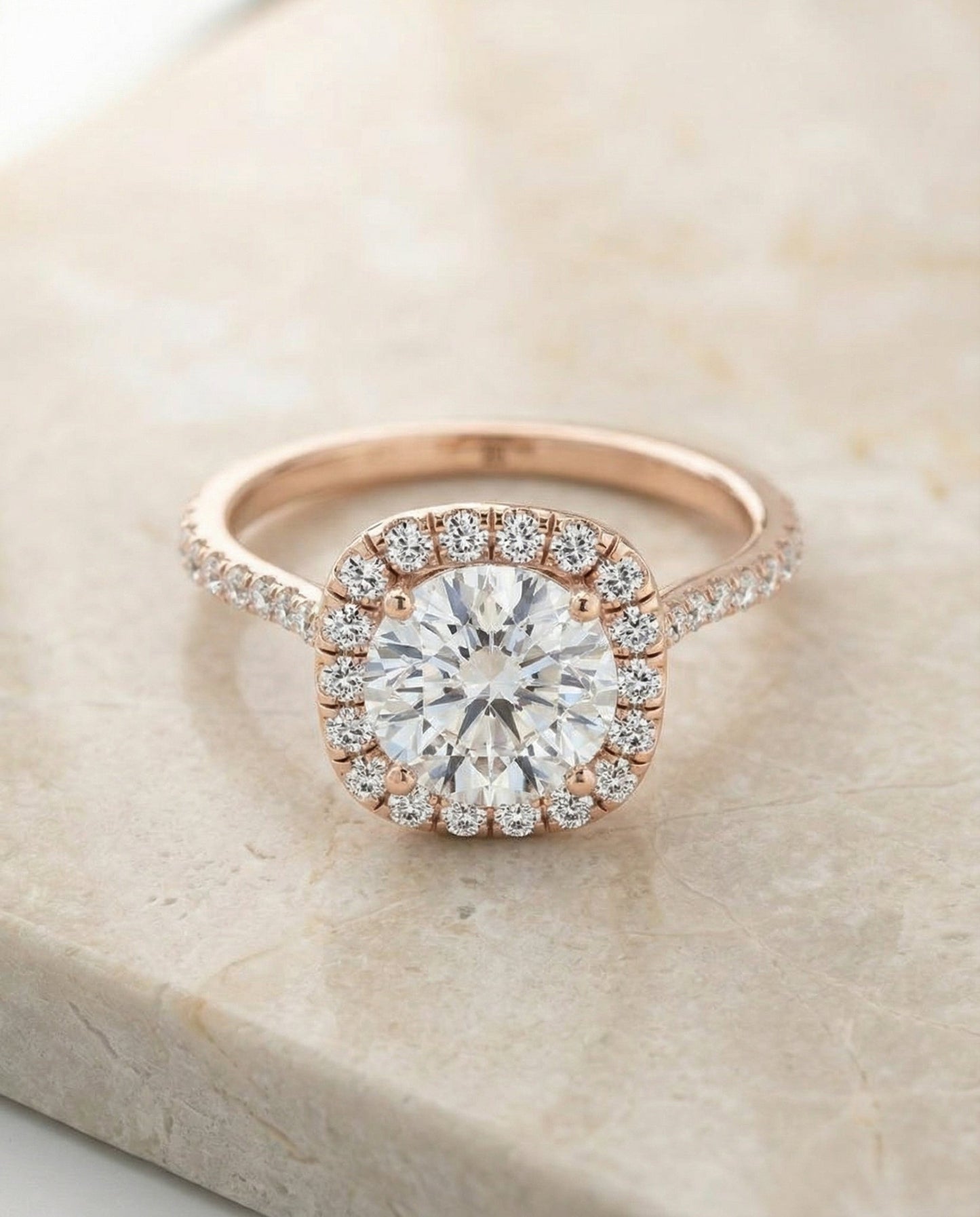 Round Brilliant, Classic Shared Prong Halo Round, in 14K Rose Gold, pave setting – angled view | RockHer