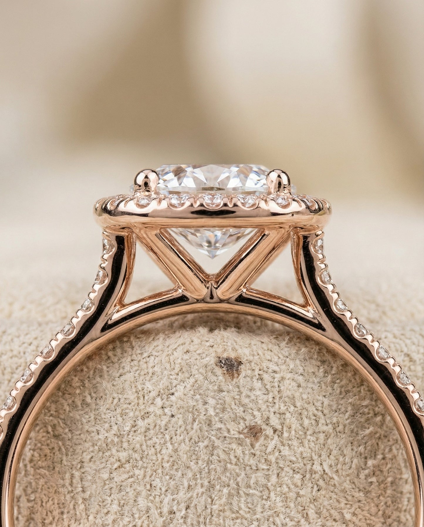 Round Brilliant, Classic Shared Prong Halo Round, in 14K Rose Gold, pave setting – detail view | RockHer