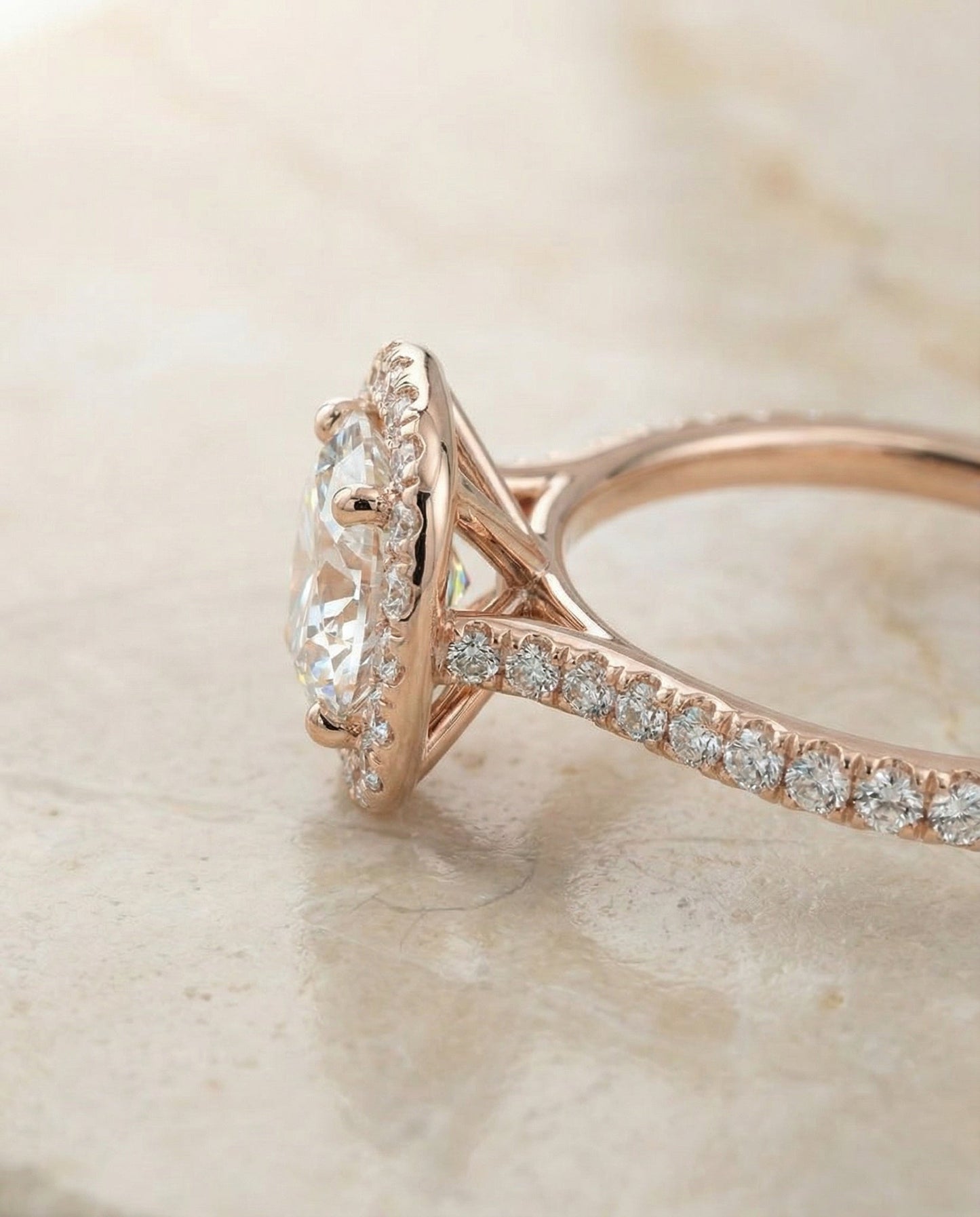Round Brilliant, Classic Shared Prong Halo Round, in 14K Rose Gold, pave setting – side profile | RockHer