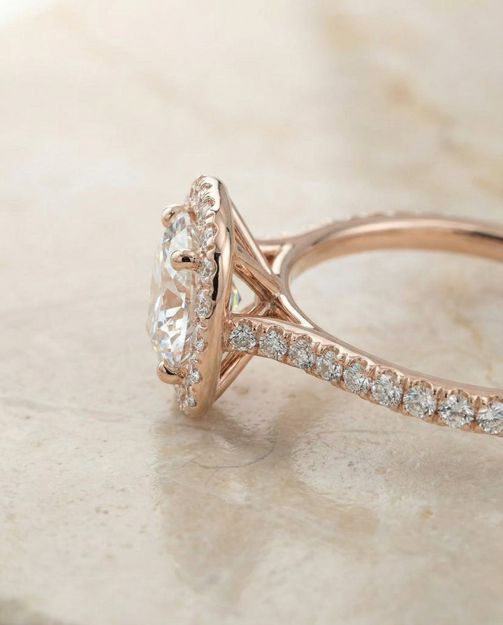 Round Brilliant, Classic Shared Prong Halo Round, in 14K Rose Gold, pave setting – side profile | RockHer