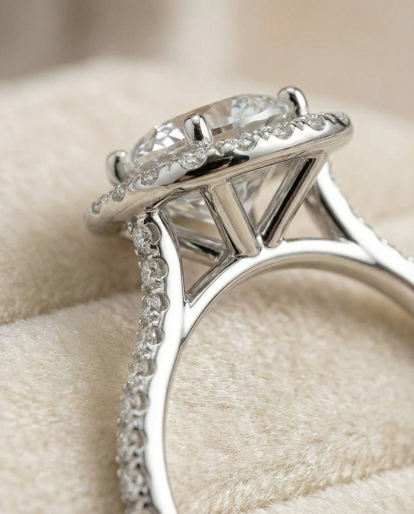 Round Brilliant, Classic Shared Prong Halo Round, in Platinum, pave setting – detail view | RockHer