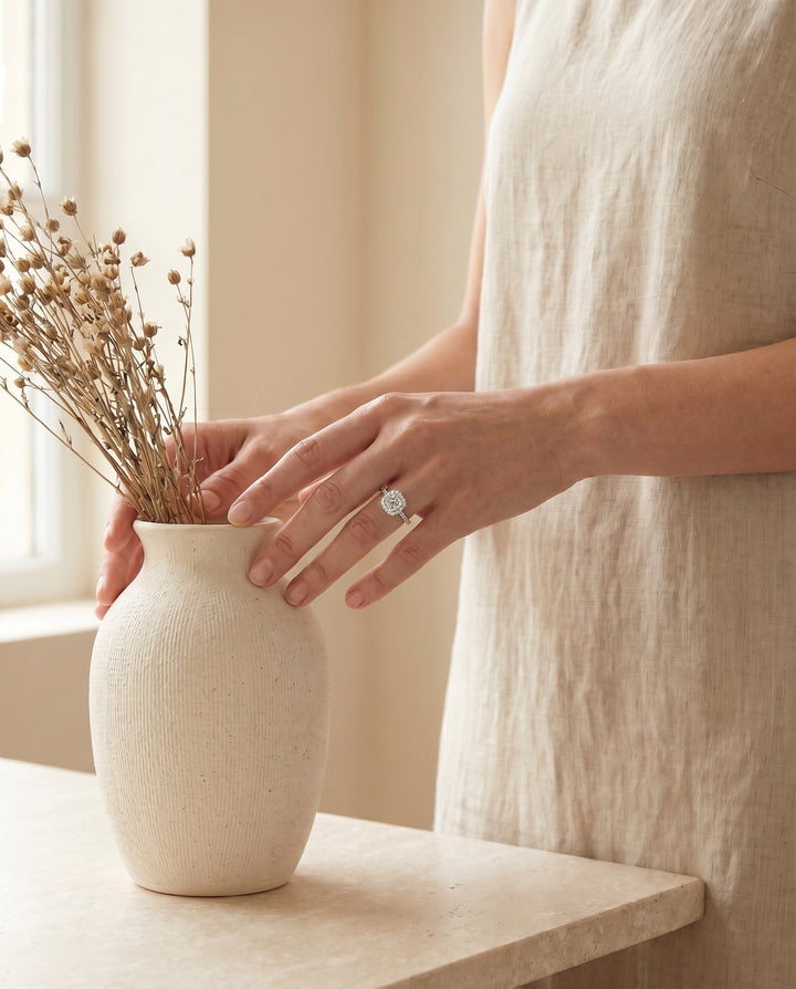 Round Brilliant, Classic Shared Prong Halo Round, in Platinum, pave setting – lifestyle shot | RockHer