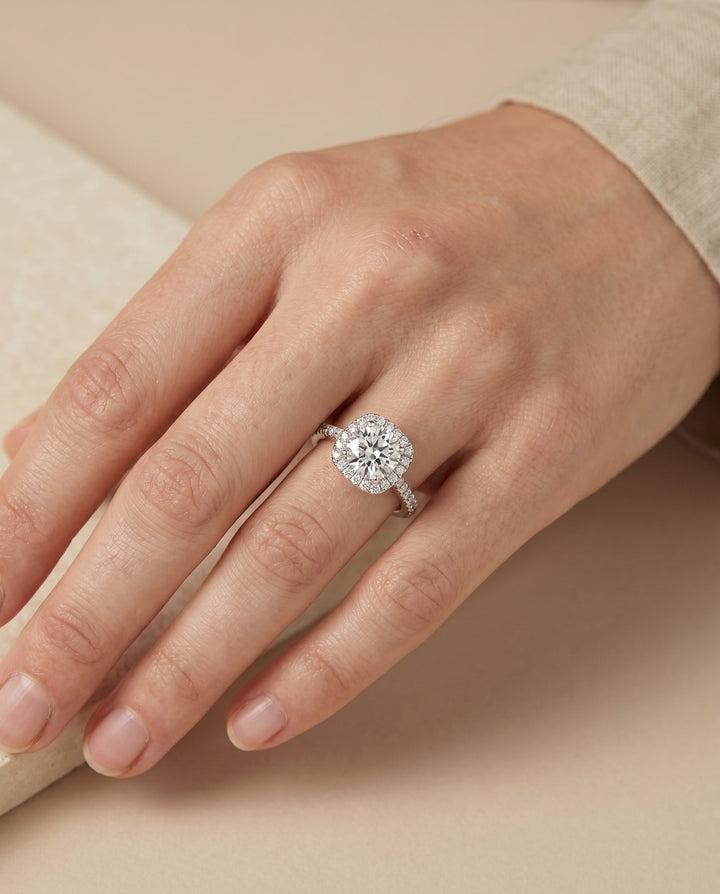 Round Brilliant, Classic Shared Prong Halo Round, in Platinum, pave setting – lifestyle shot | RockHer
