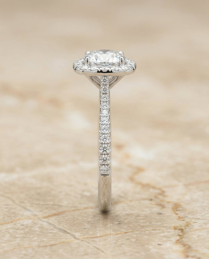 Round Brilliant, Classic Shared Prong Halo Round, in Platinum, pave setting – side profile | RockHer