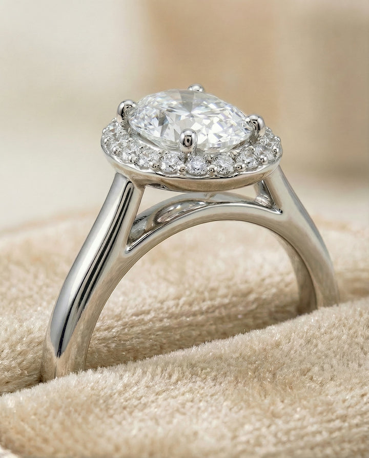 Classic Shared Prong Halo Oval, in Platinum, pave setting – detail view | RockHer