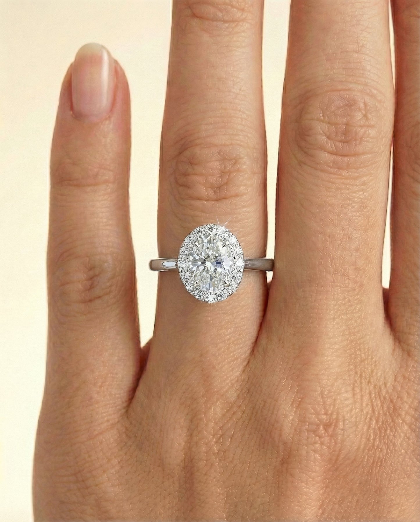 Etta Select classic shared prong halo oval oval ring in 14K White Gold — front — RockHer