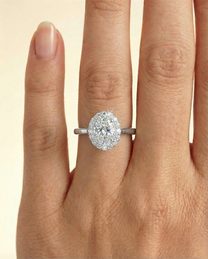 Etta Select classic shared prong halo oval oval ring in 14K White Gold — front — RockHer