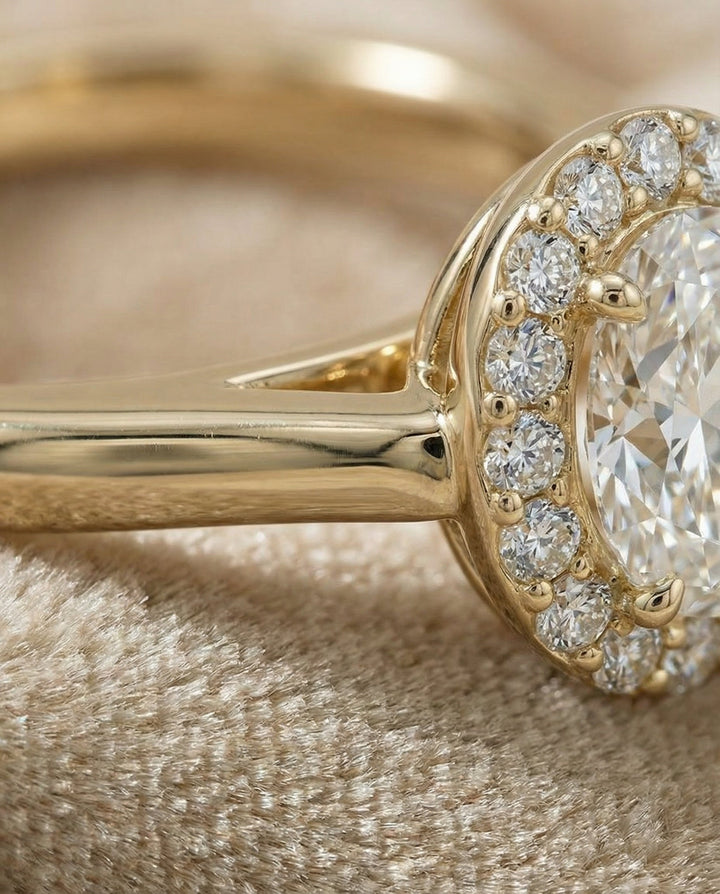Classic Shared Prong Halo Oval, in 18K Yellow Gold, pave setting – detail view | RockHer