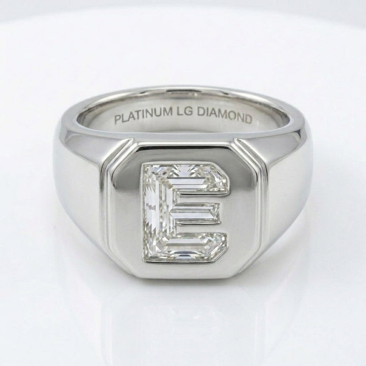 Women's Classic Square lab-grown diamond letter signet ring in Platinum, letter E, product photography