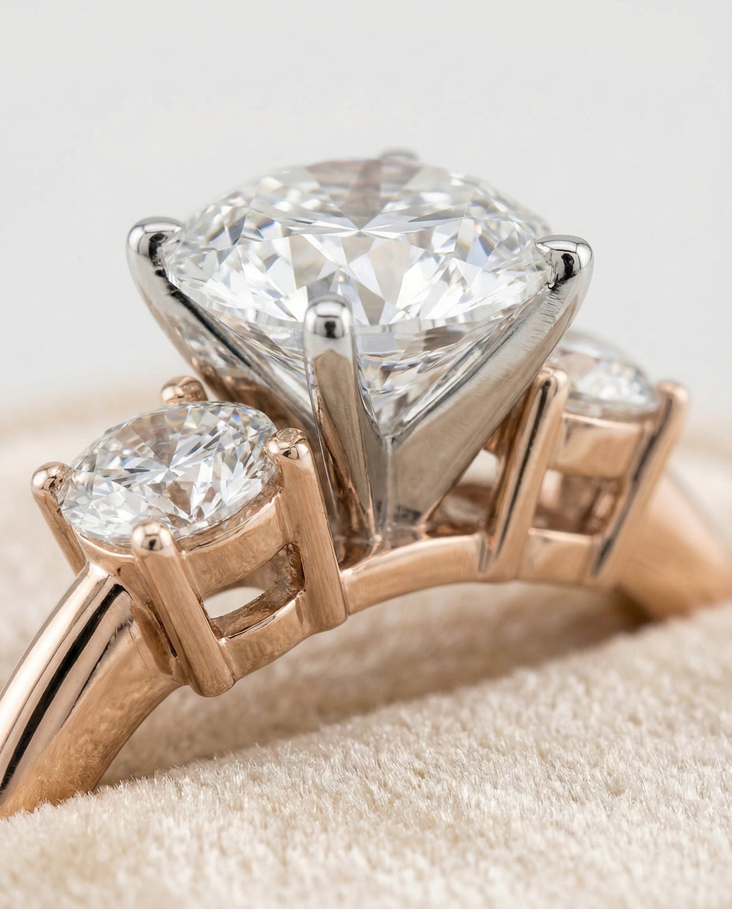 Round Brilliant, Classic Three Stone Round, in 14K Rose Gold, prong setting – detail view | RockHer
