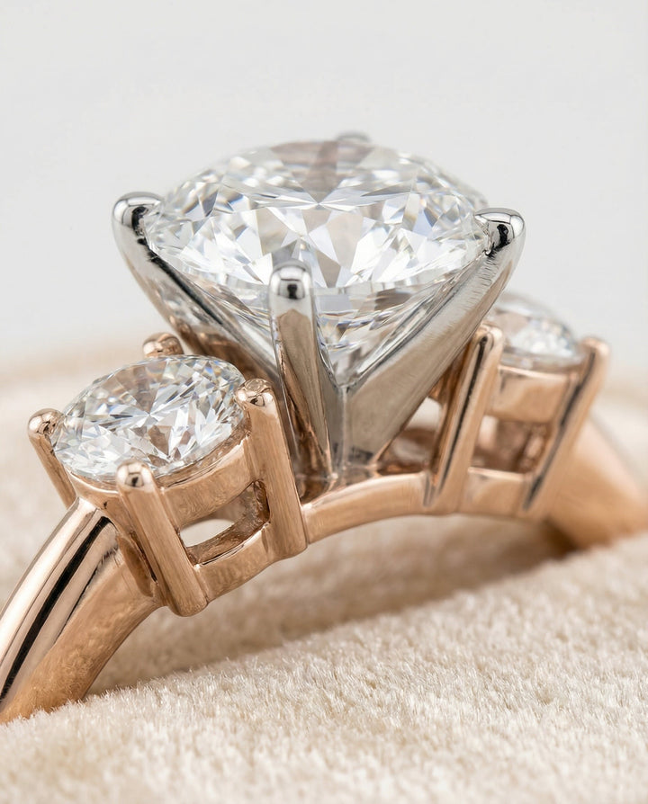 Round Brilliant, Classic Three Stone Round, in 14K Rose Gold, prong setting – detail view | RockHer