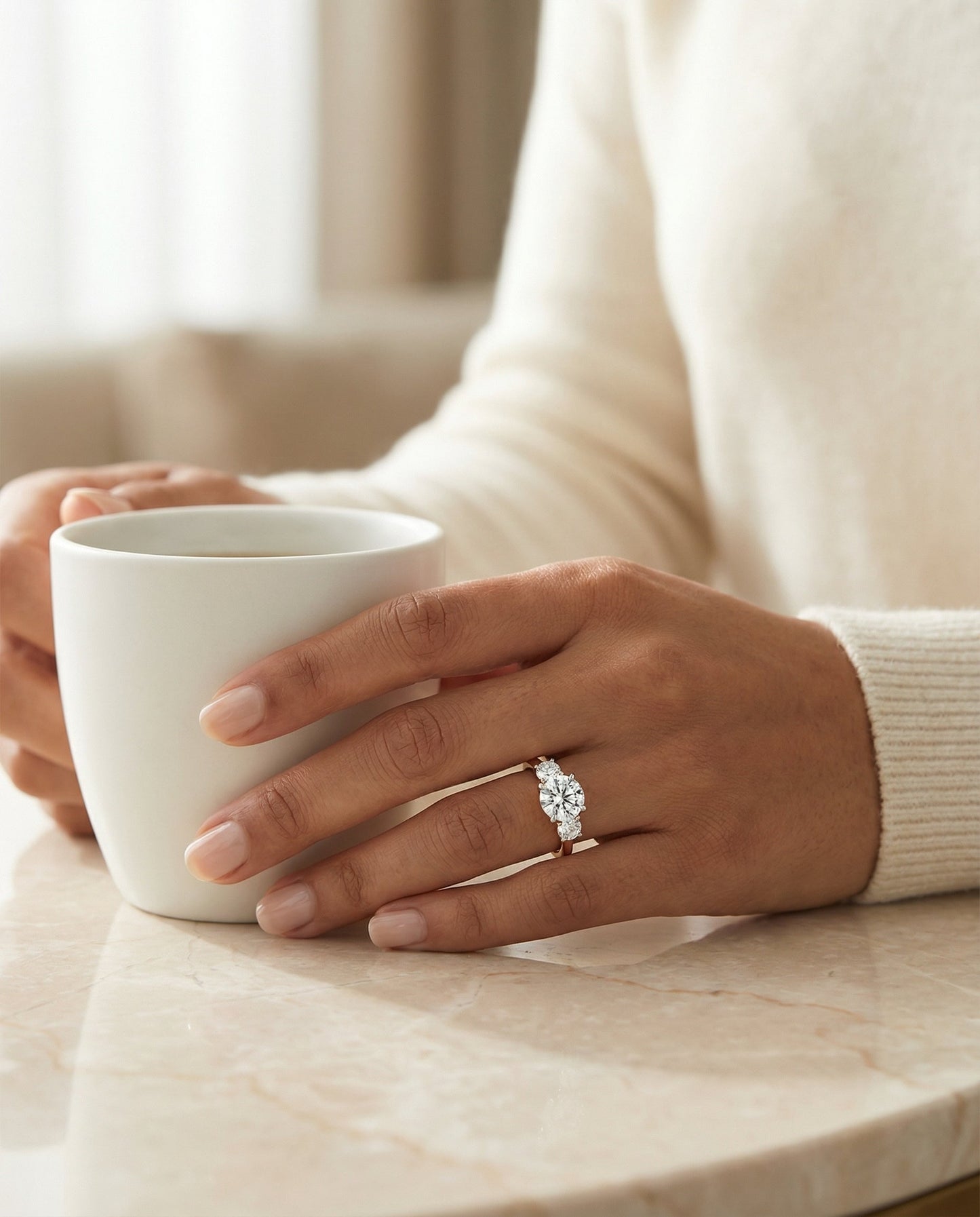 Round Brilliant, Classic Three Stone Round, in 14K Rose Gold, prong setting – lifestyle shot | RockHer