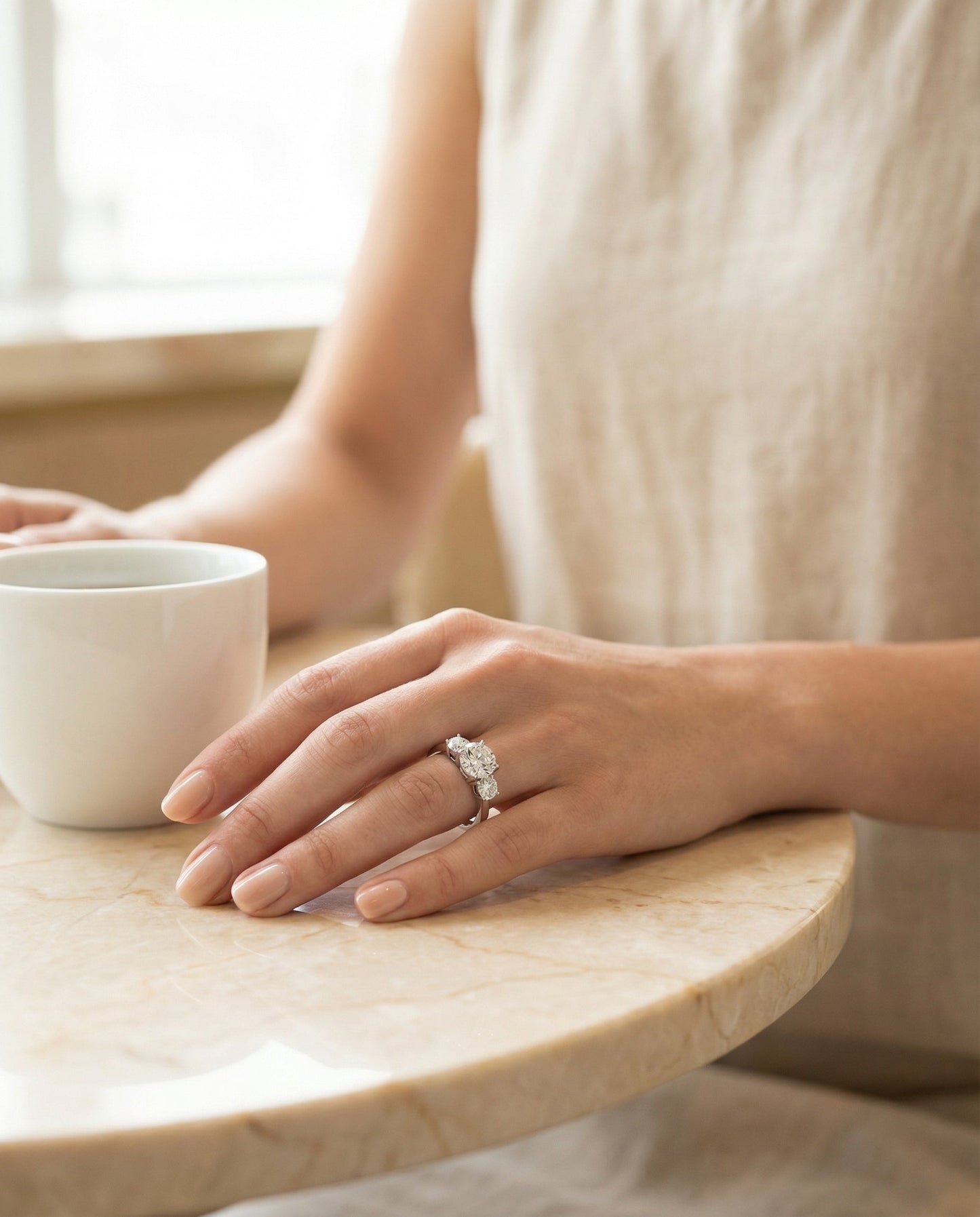 Round Brilliant, Classic Three Stone Round, in Platinum, prong setting – lifestyle shot | RockHer