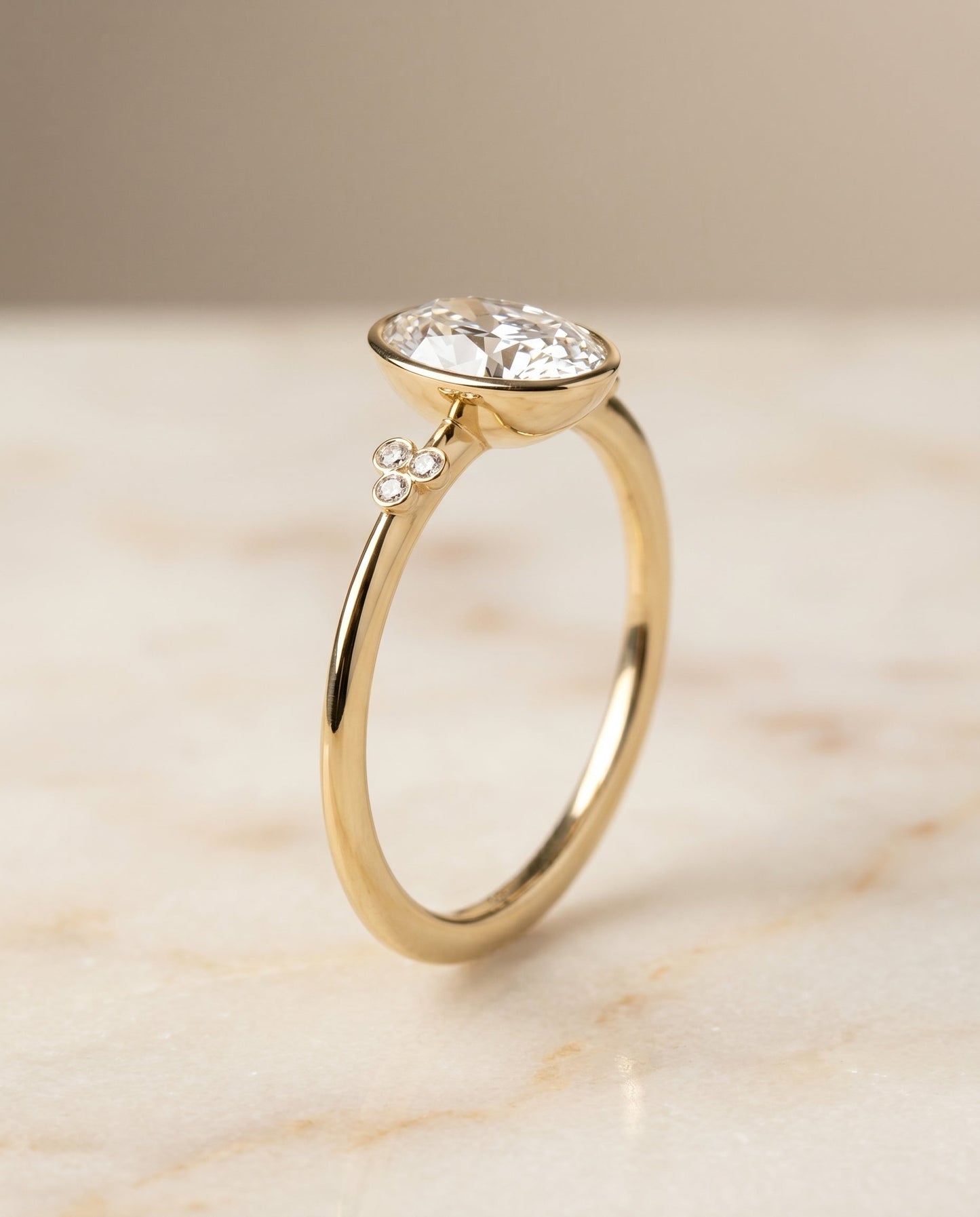 Selena Select 18ky Bezel Set Oval Engagement Ring With 6 Clover Bezel Set Round  – view 2