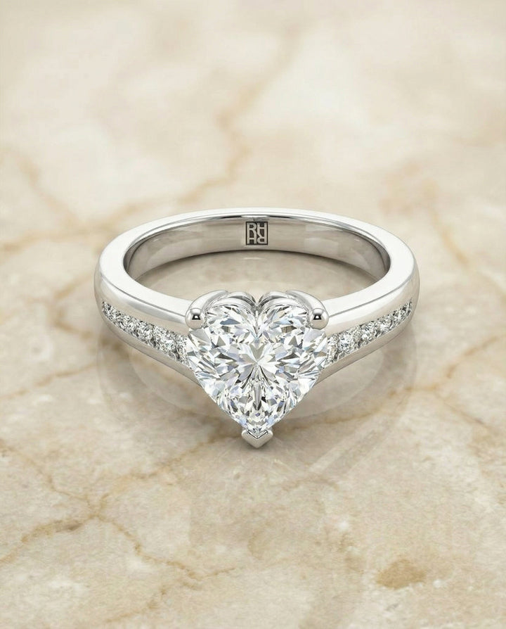 Contemporary Tapered Channel Heart Shape, in Platinum – angled view | RockHer