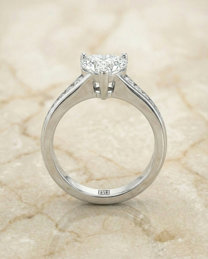 Contemporary Tapered Channel Heart Shape, in Platinum – side profile | RockHer