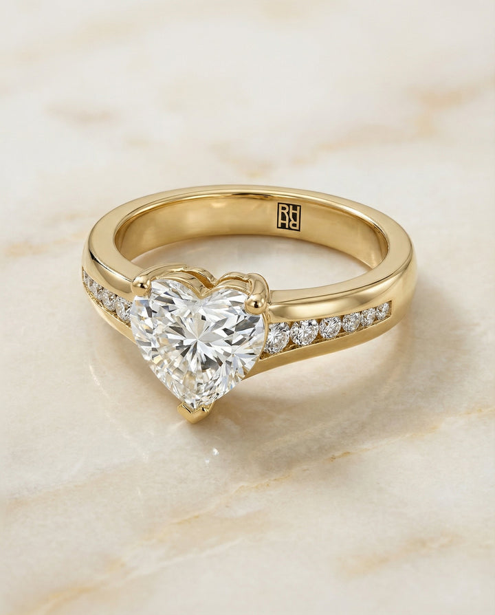 Contemporary Tapered Channel Heart Shape, in 18K Yellow Gold – angled view | RockHer