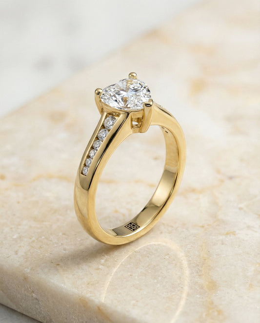Contemporary Tapered Channel Heart Shape Engagement Ring Setting in 14K Yellow Gold