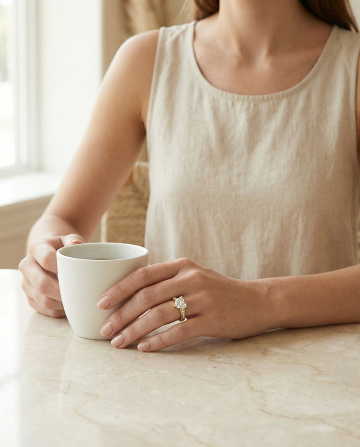 Contemporary Tapered Channel Heart Shape, in 18K Yellow Gold – lifestyle shot | RockHer