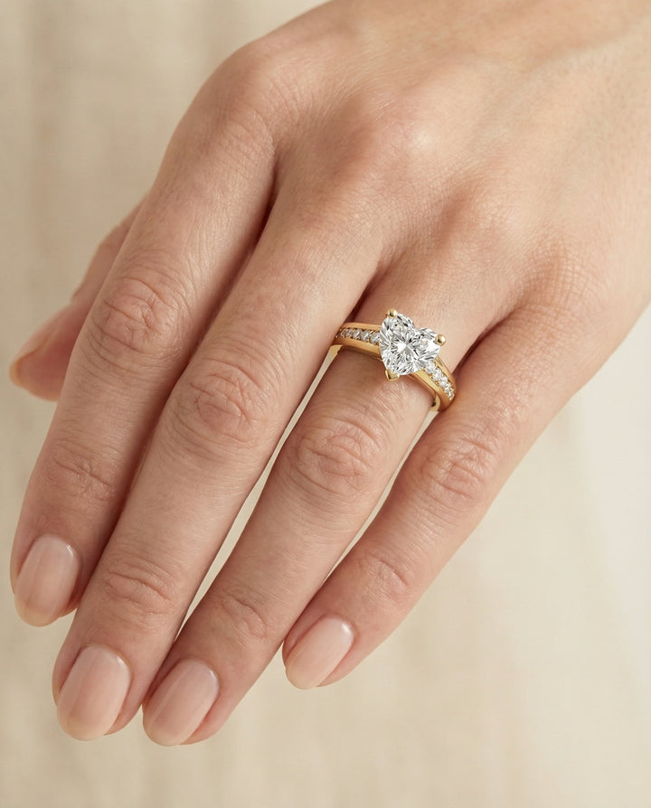 Contemporary Tapered Channel Heart Shape, in 18K Yellow Gold – lifestyle shot | RockHer