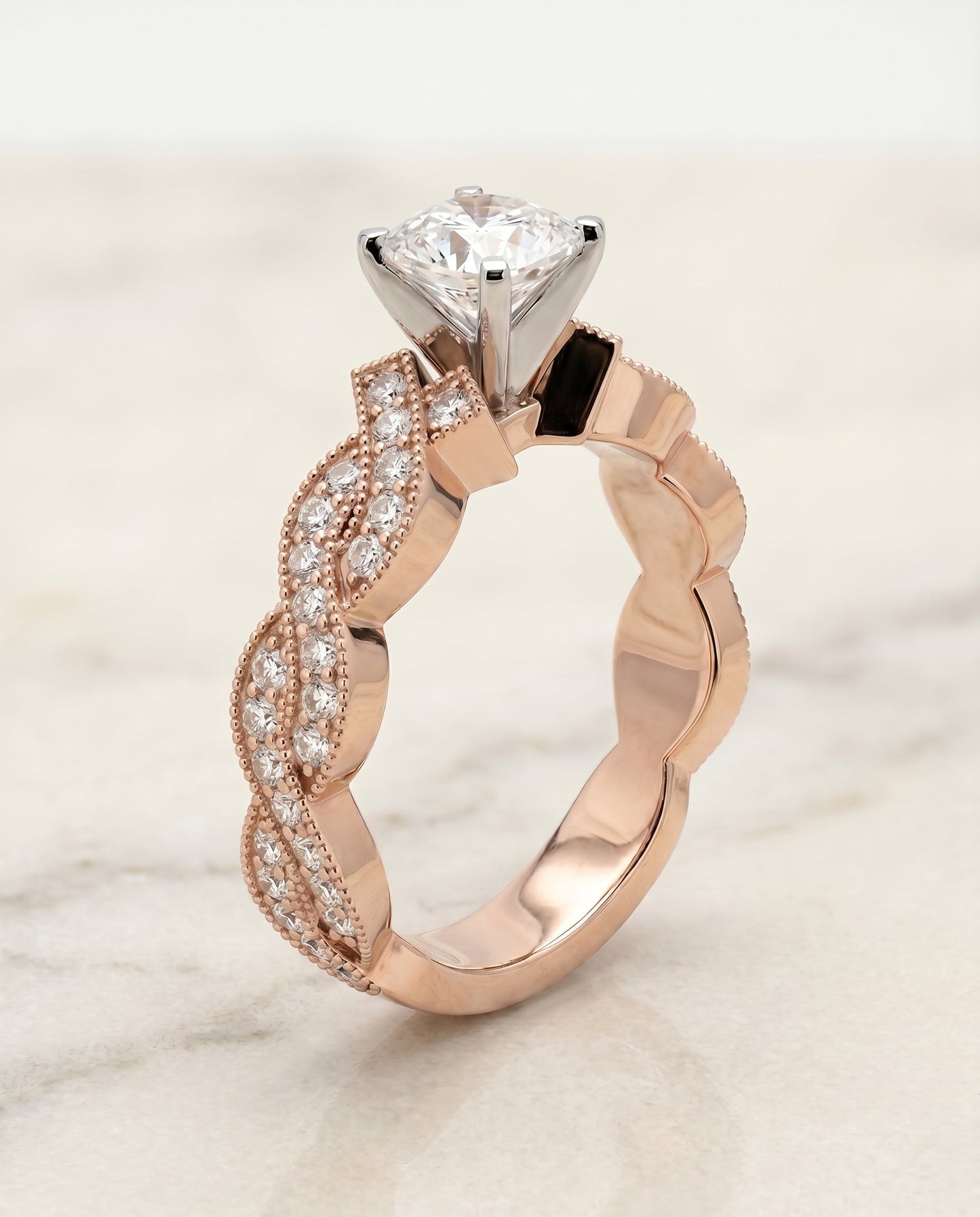 Marie Select Criss Cross Beaded Pave Solitaire in 14K Rose Gold – view 2